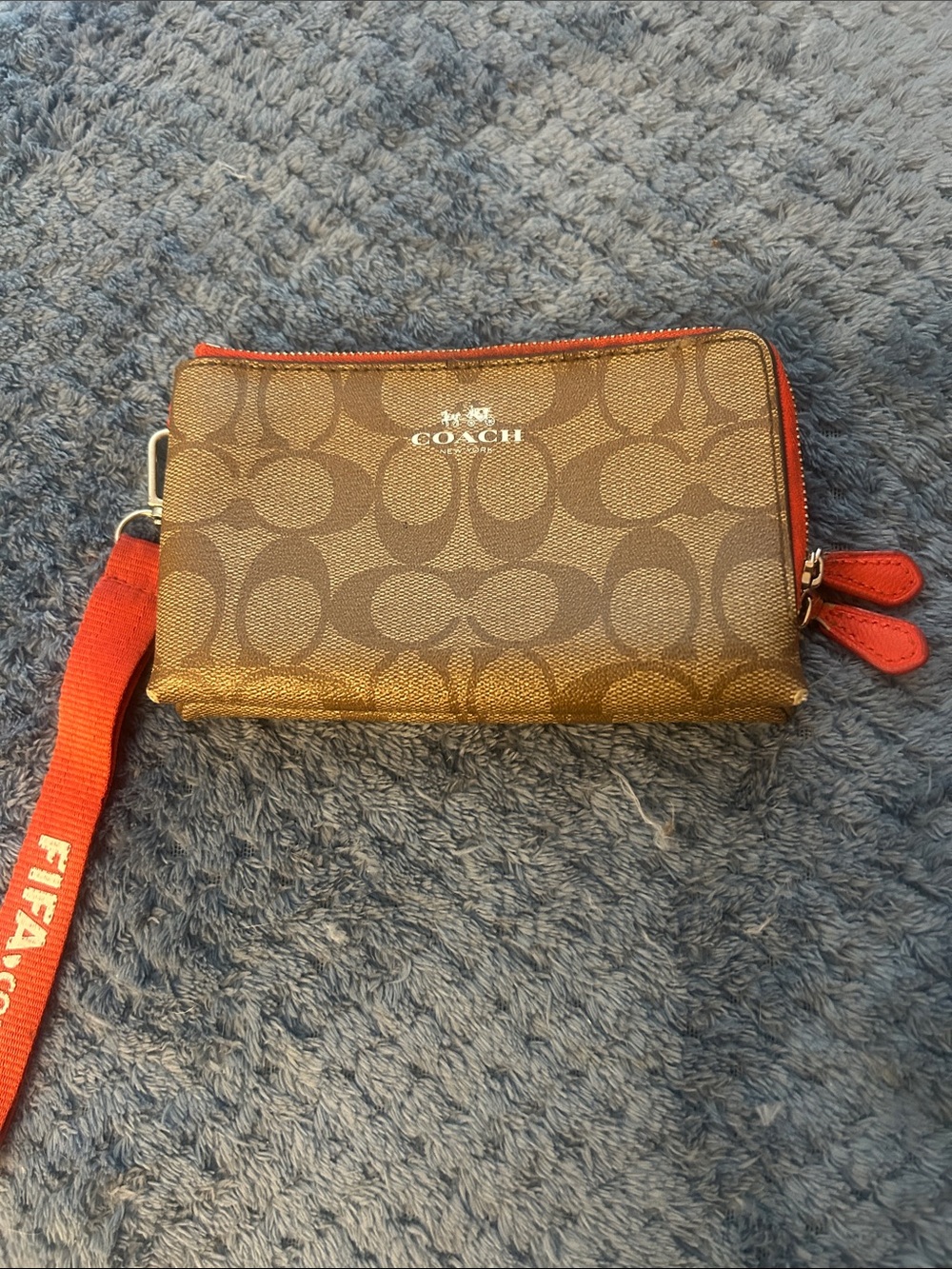 Coach Double Zipper Signature Canvas Wristlet in Brown with Red Trim